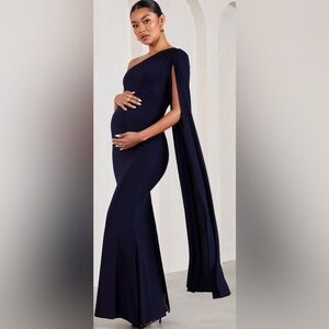NAVY ONE-SHOULDER MATERNITY MAXI DRESS WITH CAPE SIZE 12